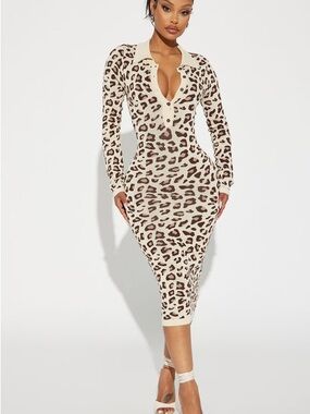 Fashion Nova Leopard-Print Knit Midi Dress - Cream & Brown